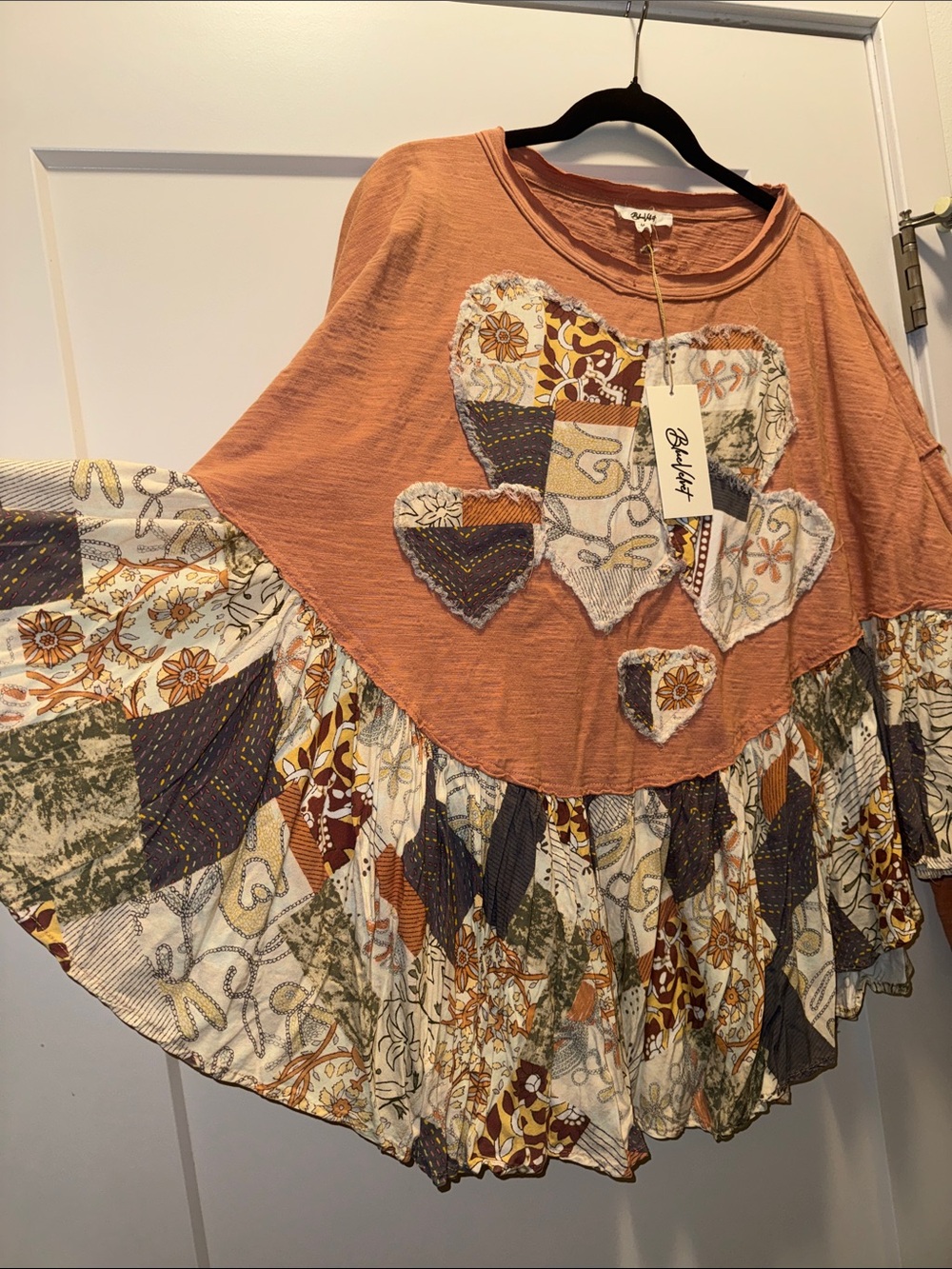 🆕Gorgeous Bluevelvet  Dusty Coral Boho Patchwork Heart Peplum Tunic. M. NWT!🔥🔥 - Picture 4 of 7